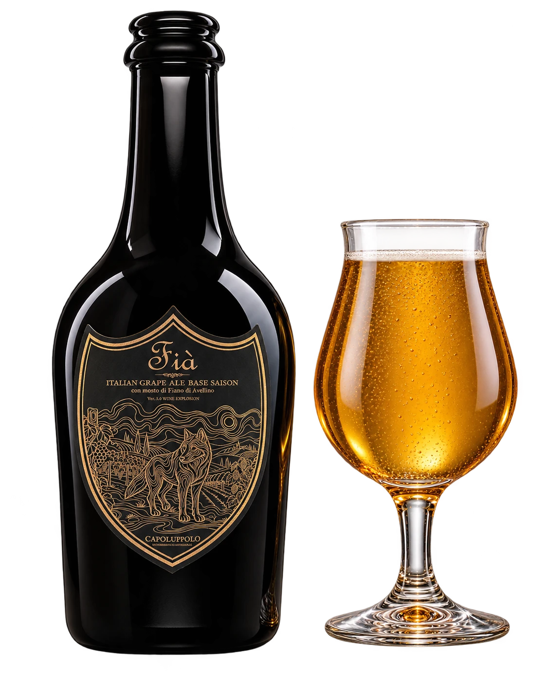 Bottiglia di Fiá accanto a un calice della birra dorata